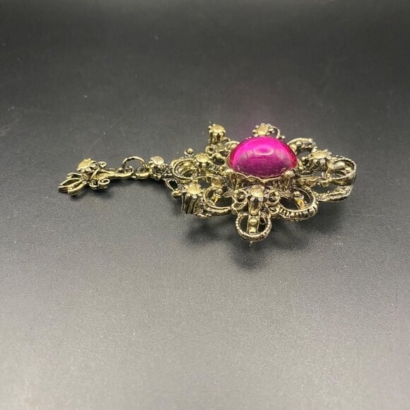 Vintage Antique Gold Tone Brooch Hot Pink Glass Stone Floral Filigree Drop - Picture 4 of 6